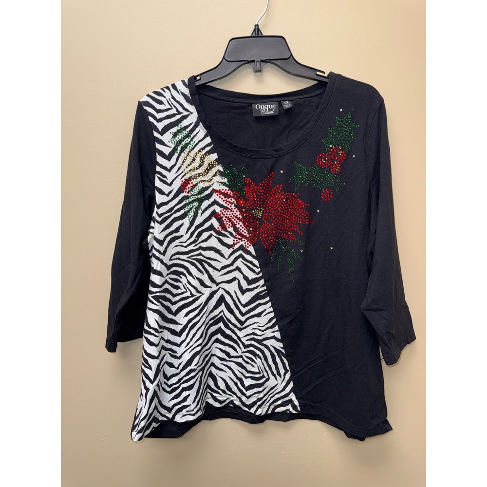 Onque Casual Women 1X Black Zebra Rhinestone Poinsettia Christmas Top 3/4 Sleeve